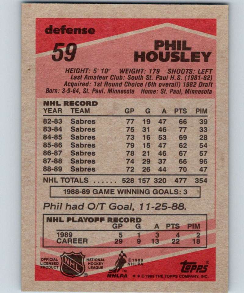 1989-90 Topps #59 Phil Housley Sabres NHL Hockey Image 2