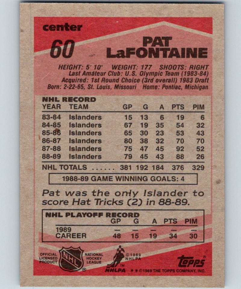 1989-90 Topps #60 Pat LaFontaine NY Islanders NHL Hockey Image 2