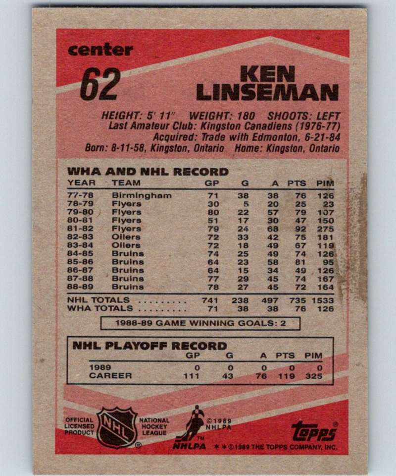 1989-90 Topps #62 Ken Linseman Bruins NHL Hockey Image 2