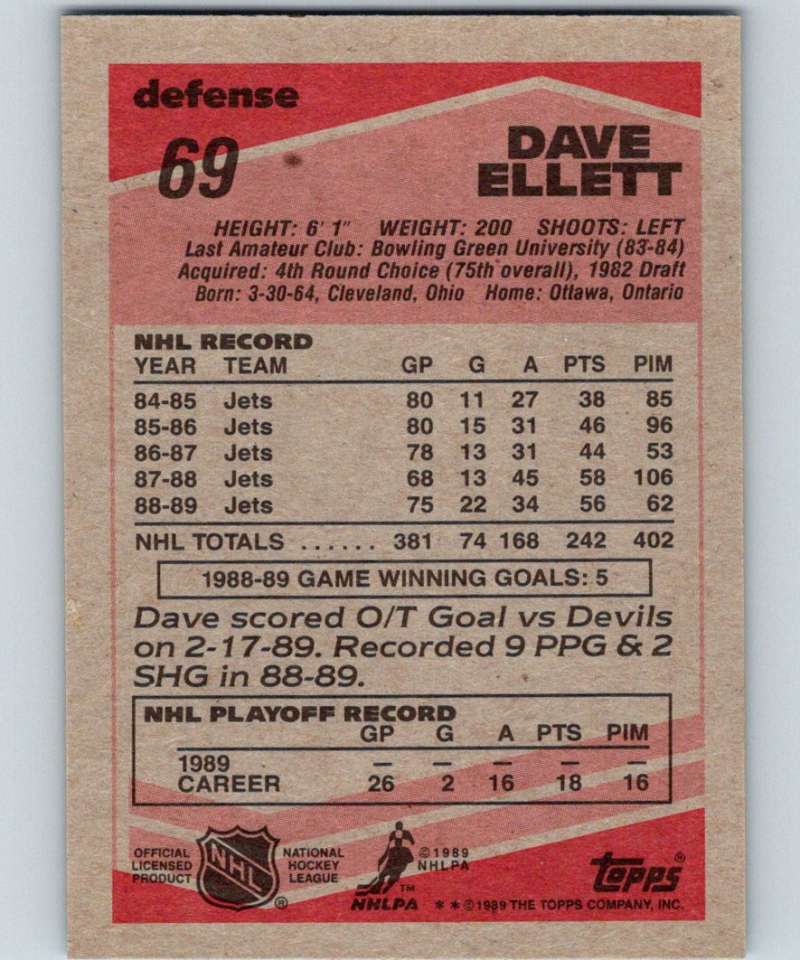 1989-90 Topps #69 Dave Ellett Winn Jets NHL Hockey Image 2