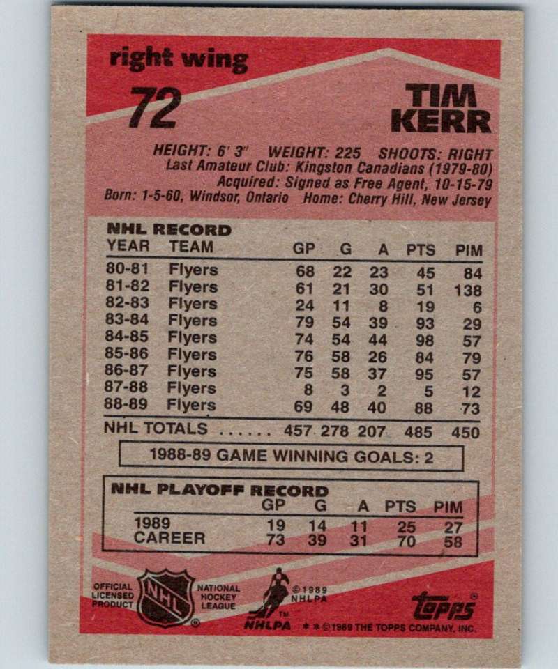 1989-90 Topps #72 Tim Kerr Flyers NHL Hockey Image 2