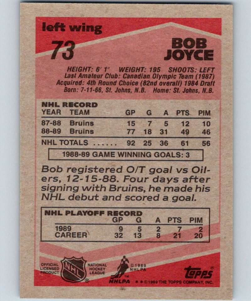 1989-90 Topps #73 Bob Joyce Bruins NHL Hockey Image 2