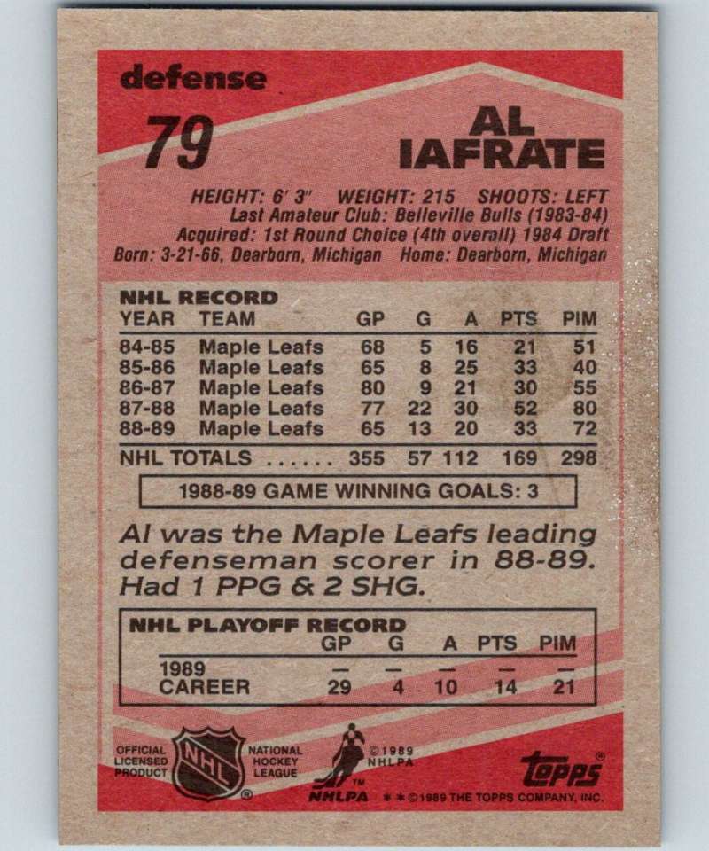 1989-90 Topps #79 Al Iafrate Maple Leafs NHL Hockey