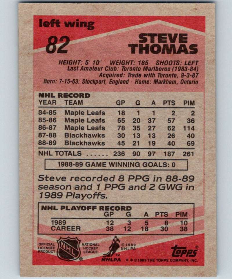 1989-90 Topps #82 Steve Thomas Blackhawks NHL Hockey Image 2