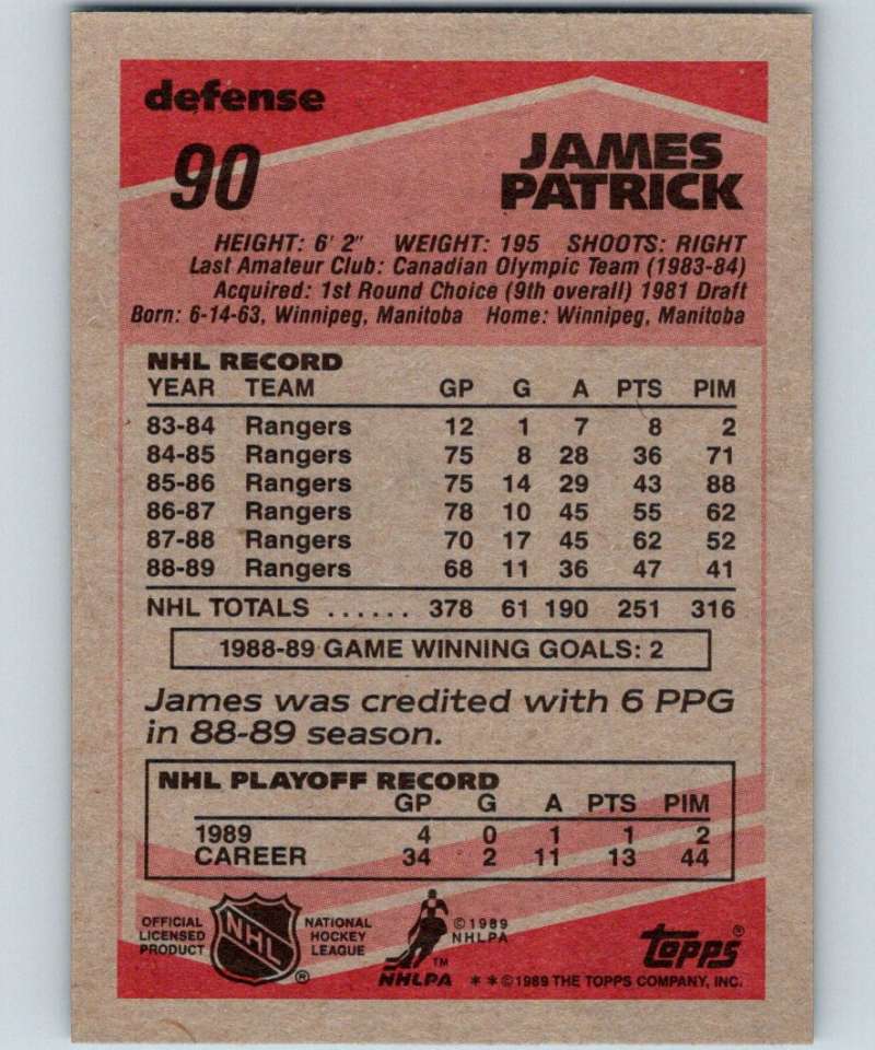 1989-90 Topps #90 James Patrick NY Rangers NHL Hockey Image 2