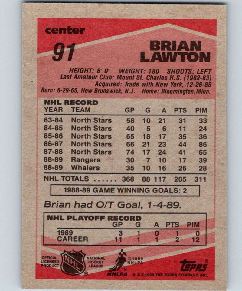 1989-90 Topps #91 Brian Lawton Whalers NHL Hockey Image 2