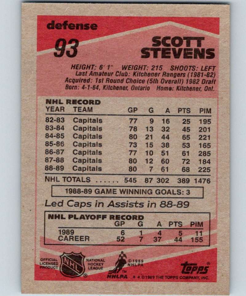 1989-90 Topps #93 Scott Stevens Capitals NHL Hockey Image 2