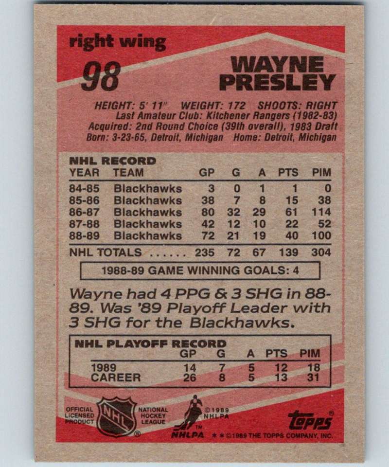1989-90 Topps #98 Wayne Presley Blackhawks NHL Hockey Image 2