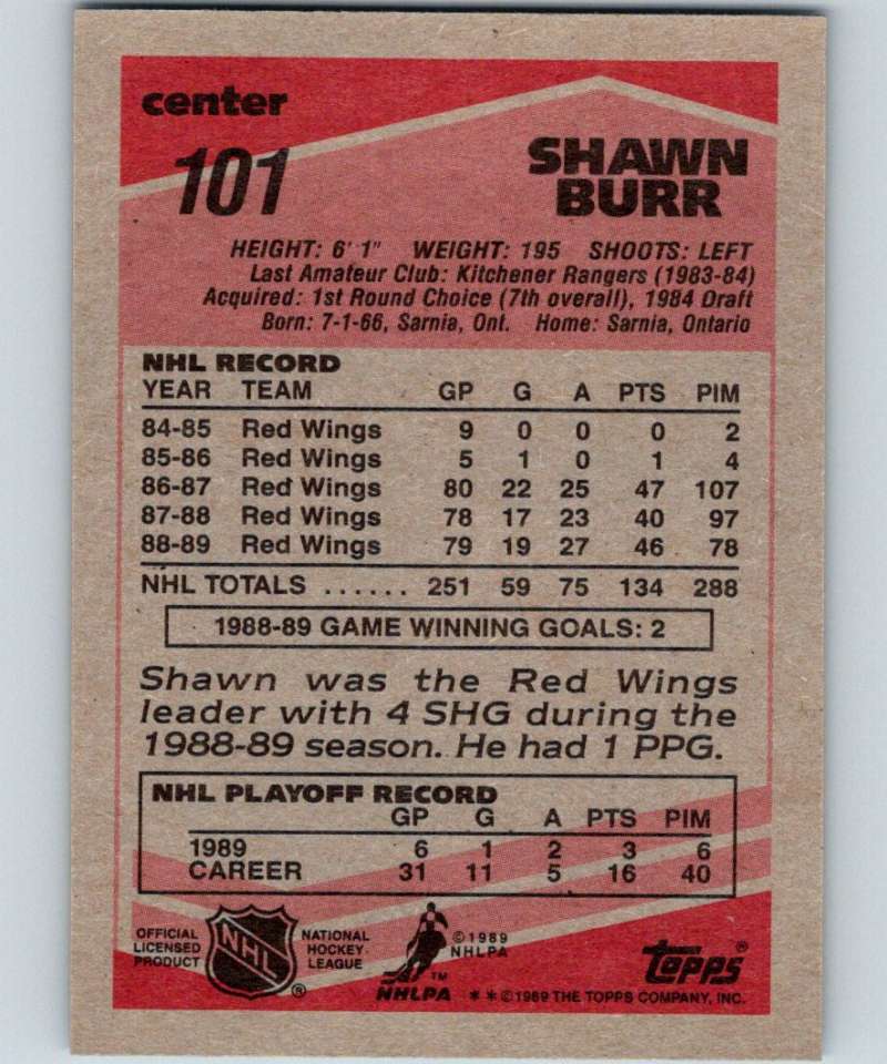 1989-90 Topps #101 Shawn Burr Red Wings NHL Hockey Image 2