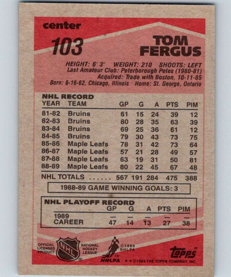 1989-90 Topps #103 Tom Fergus Maple Leafs NHL Hockey Image 2
