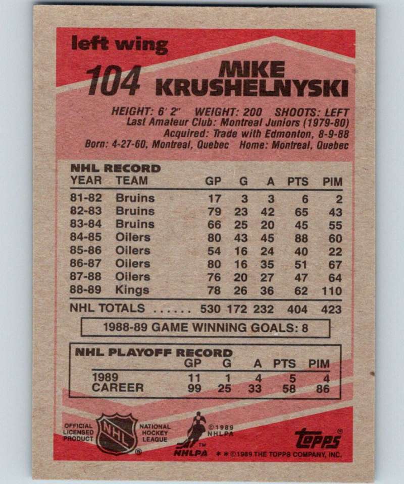1989-90 Topps #104 Mike Krushelnyski Kings NHL Hockey Image 2