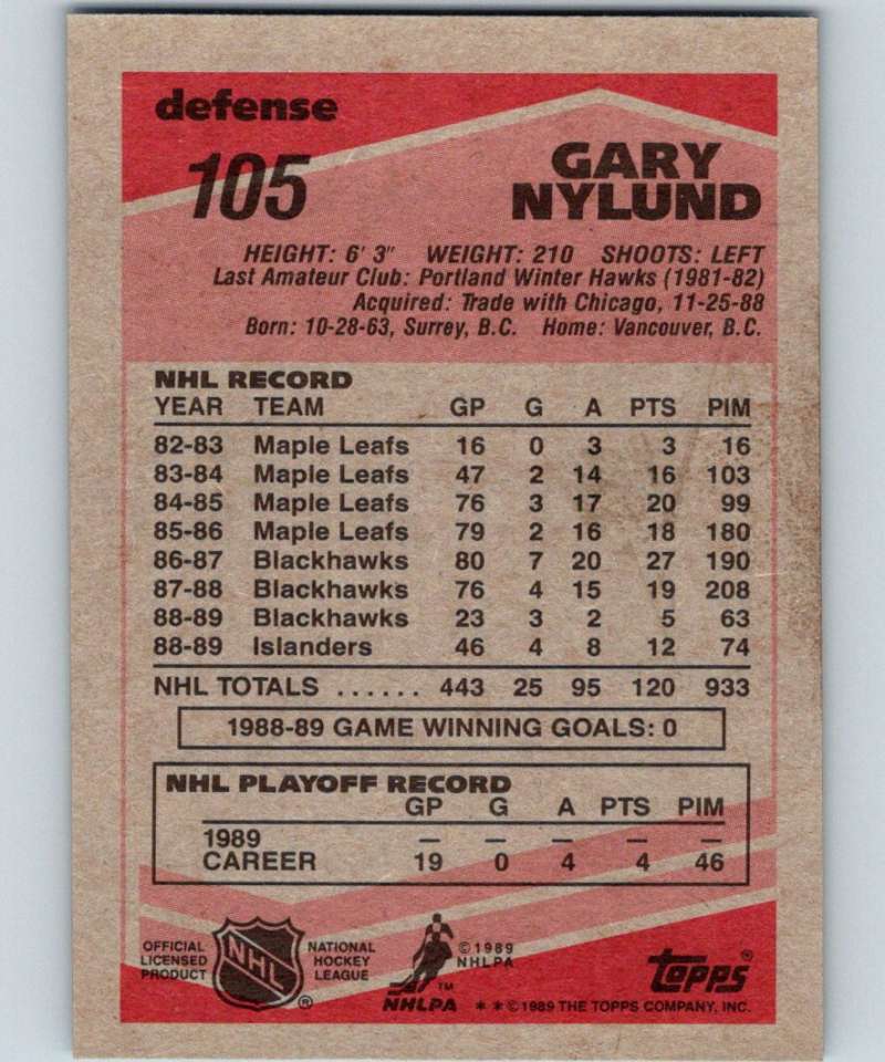 1989-90 Topps #105 Gary Nylund NY Islanders NHL Hockey Image 2