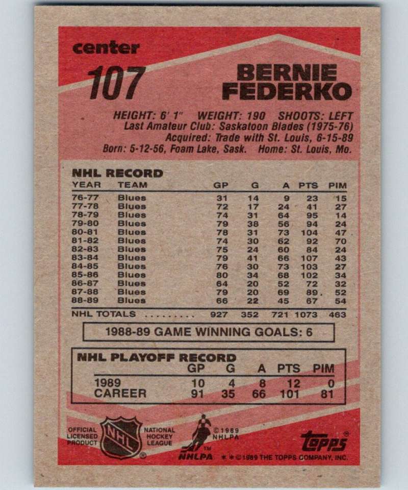 1989-90 Topps #107 Bernie Federko Red Wings NHL Hockey Image 2
