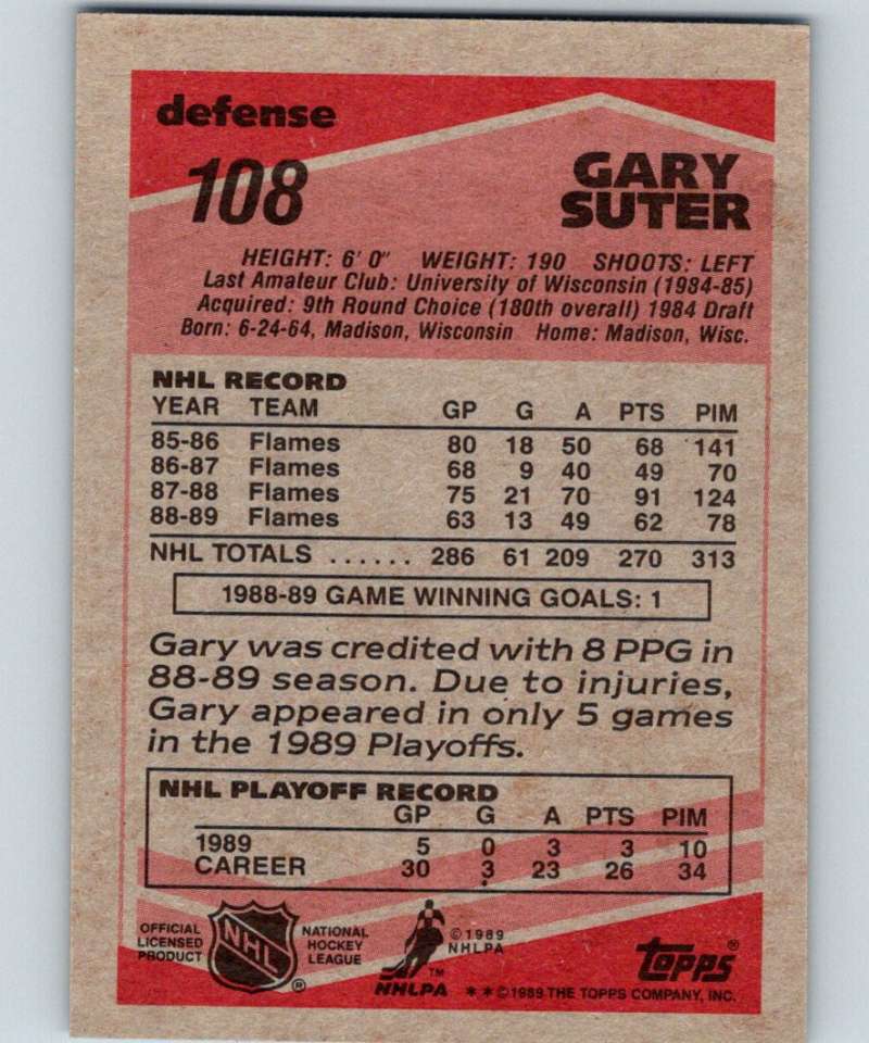 1989-90 Topps #108 Gary Suter Flames NHL Hockey Image 2