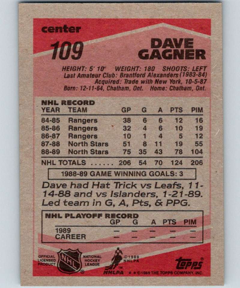 1989-90 Topps #109 Dave Gagner North Stars NHL Hockey Image 2