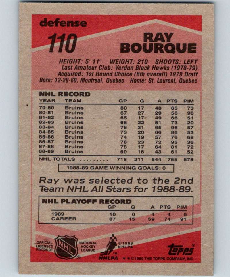 1989-90 Topps #110 Ray Bourque Bruins NHL Hockey Image 2