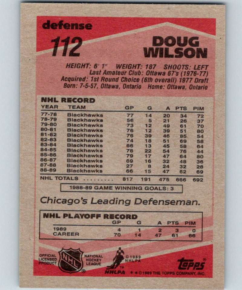 1989-90 Topps #112 Doug Wilson Blackhawks NHL Hockey Image 2