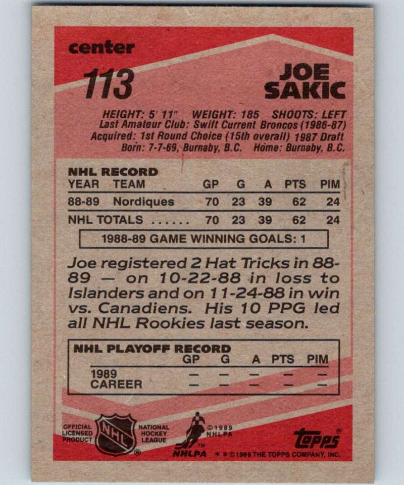 1989-90 Topps #113 Joe Sakic RC Rookie Nordiques NHL Hockey