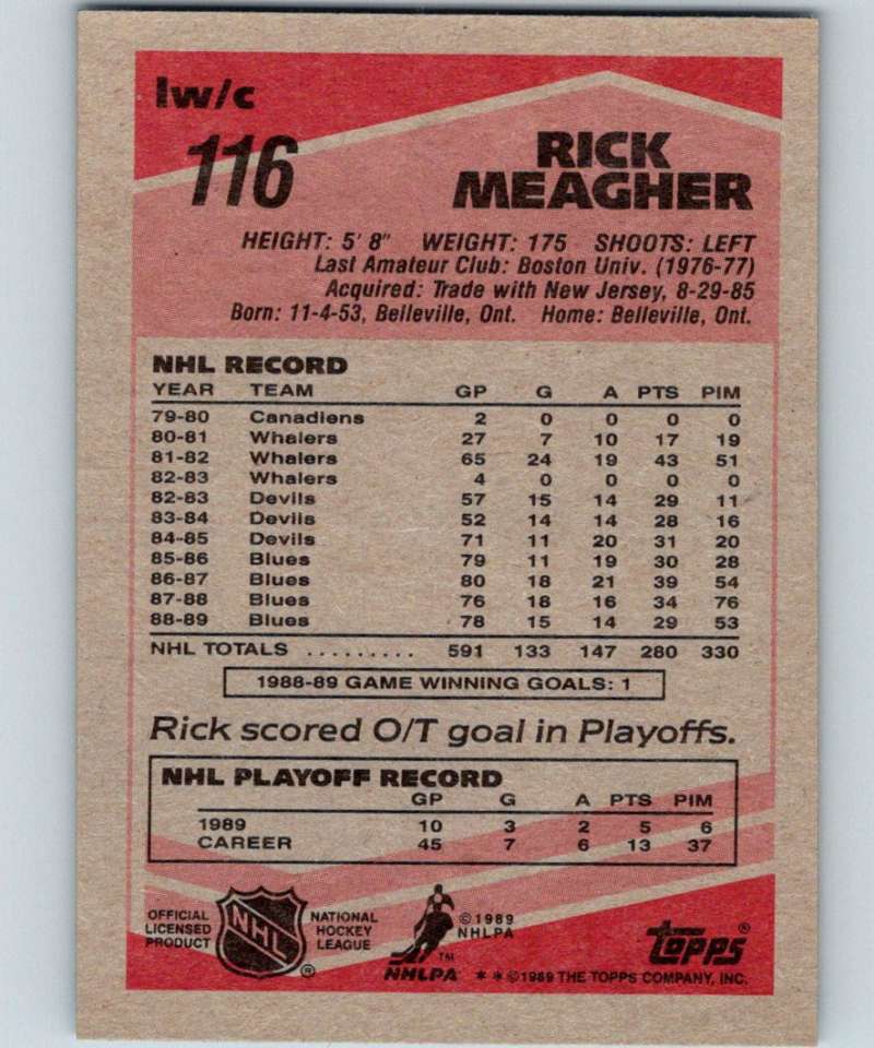 1989-90 Topps #116 Rick Meagher Blues NHL Hockey Image 2