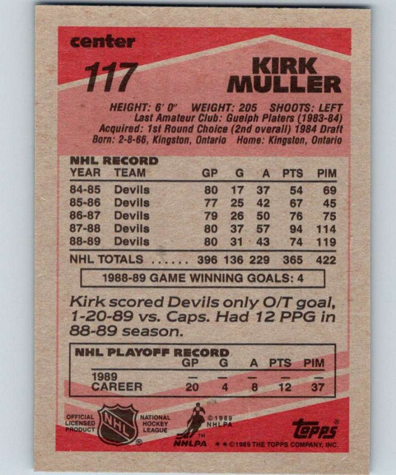 1989-90 Topps #117 Kirk Muller NJ Devils NHL Hockey Image 2