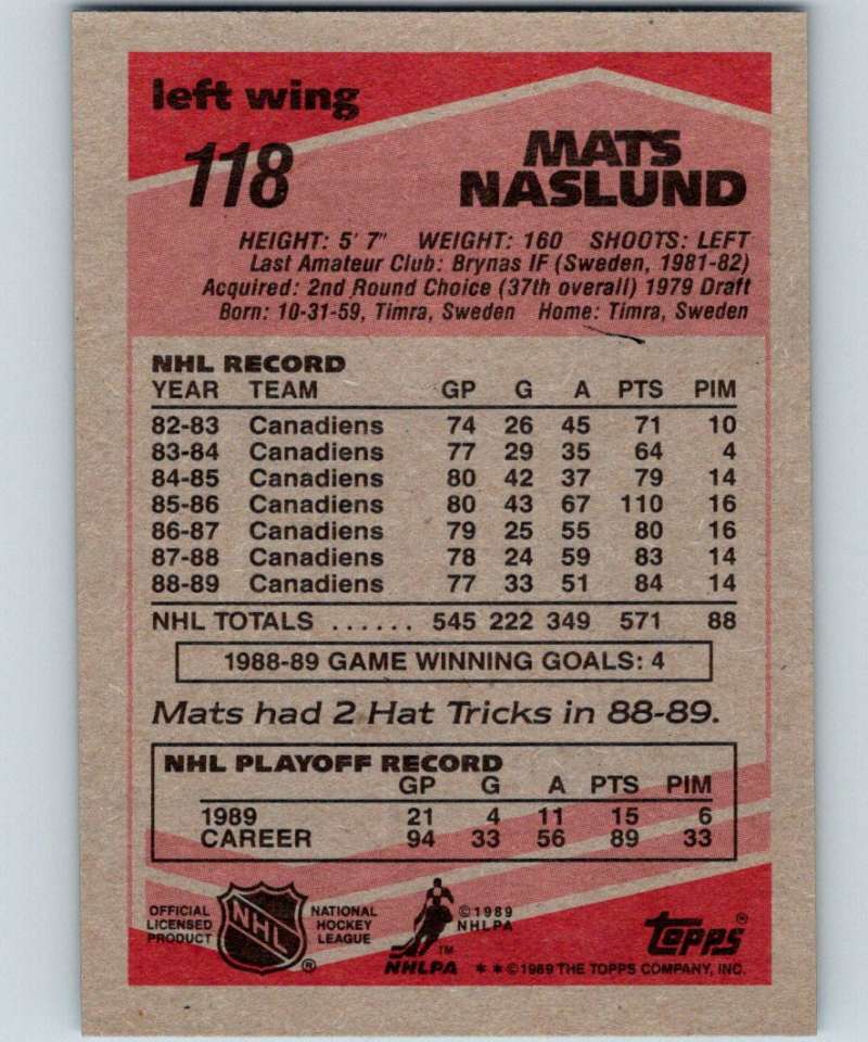1989-90 Topps #118 Mats Naslund Canadiens NHL Hockey