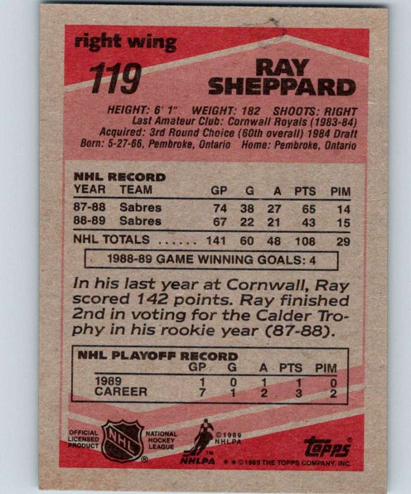 1989-90 Topps #119 Ray Sheppard Sabres NHL Hockey Image 2