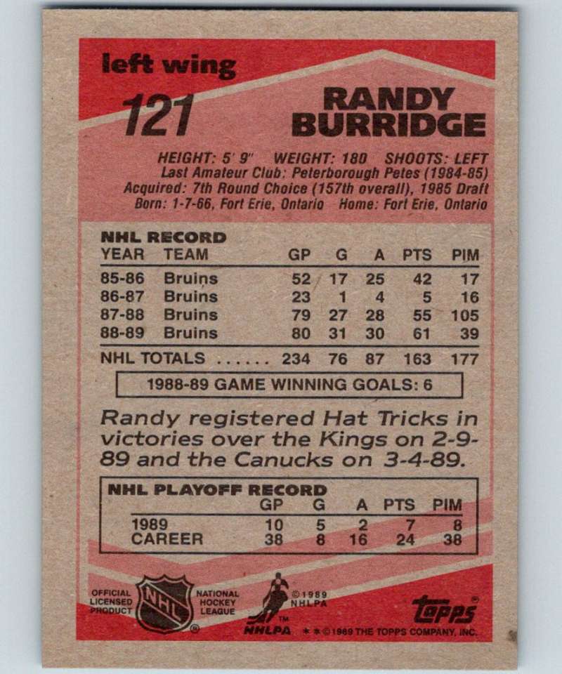 1989-90 Topps #121 Randy Burridge Bruins NHL Hockey Image 2