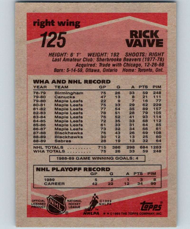 1989-90 Topps #125 Rick Vaive Sabres NHL Hockey Image 2