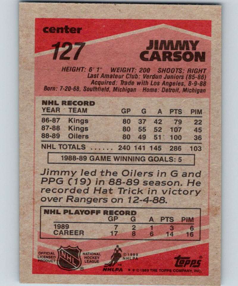 1989-90 Topps #127 Jimmy Carson Oilers NHL Hockey Image 2