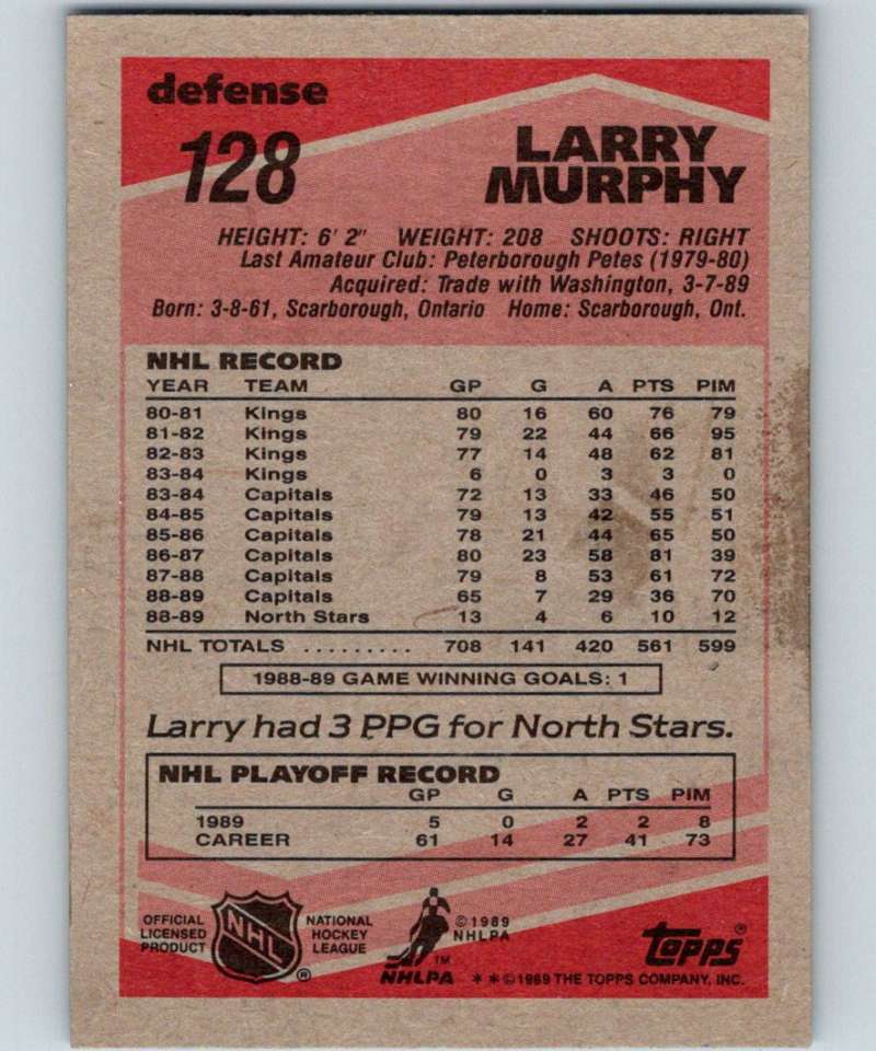1989-90 Topps #128 Larry Murphy North Stars NHL Hockey Image 2