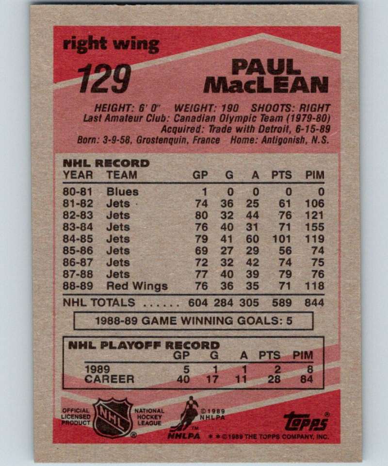 1989-90 Topps #129 Paul MacLean Blues NHL Hockey Image 2