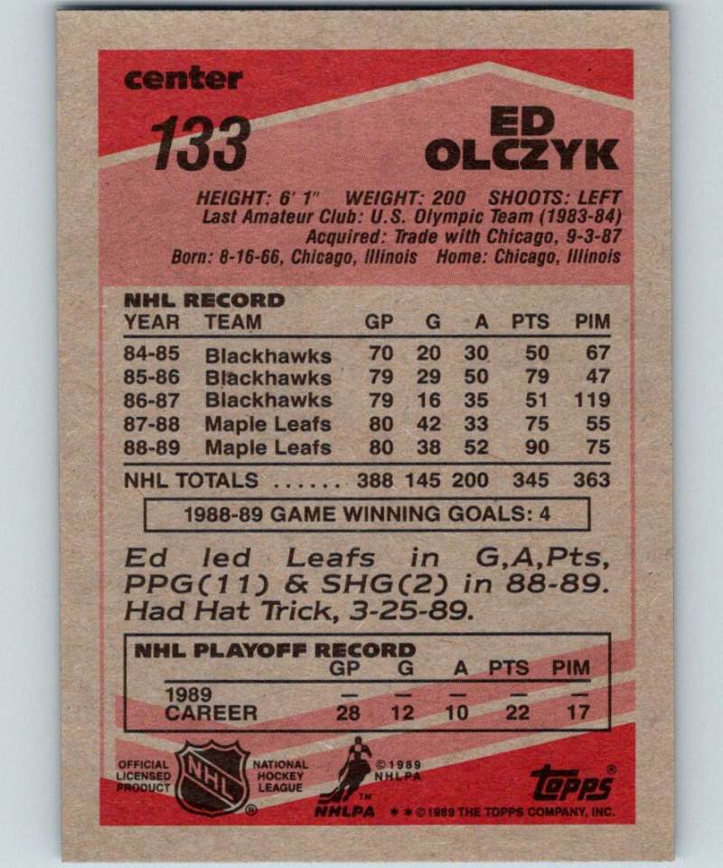 1989-90 Topps #133 Ed Olczyk Maple Leafs NHL Hockey Image 2