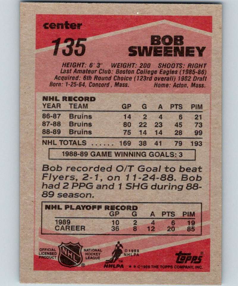 1989-90 Topps #135 Bob Sweeney Bruins NHL Hockey Image 2