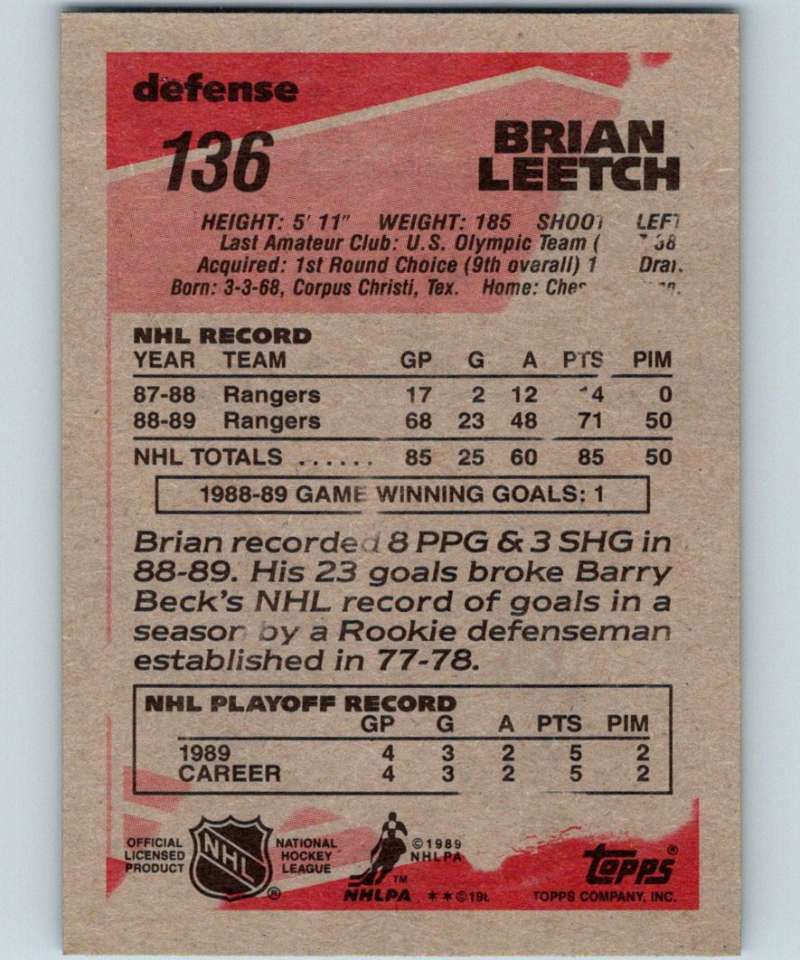 1989-90 Topps #136 Brian Leetch RC Rookie NY Rangers NHL Hockey