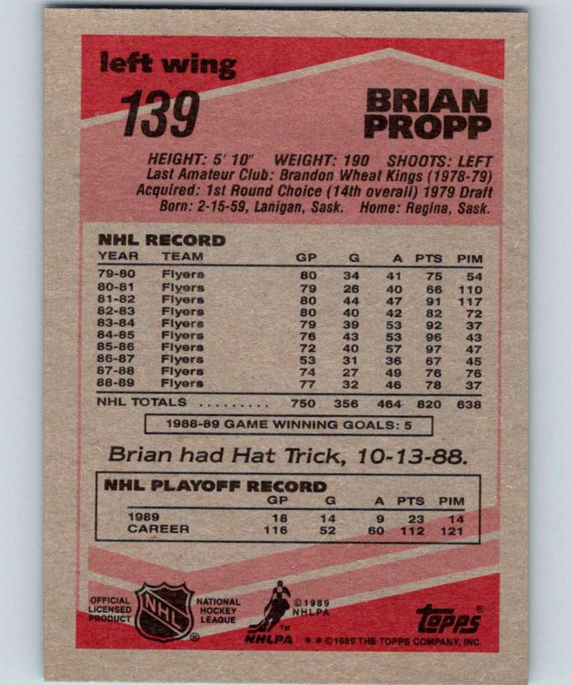 1989-90 Topps #139 Brian Propp Flyers NHL Hockey Image 2