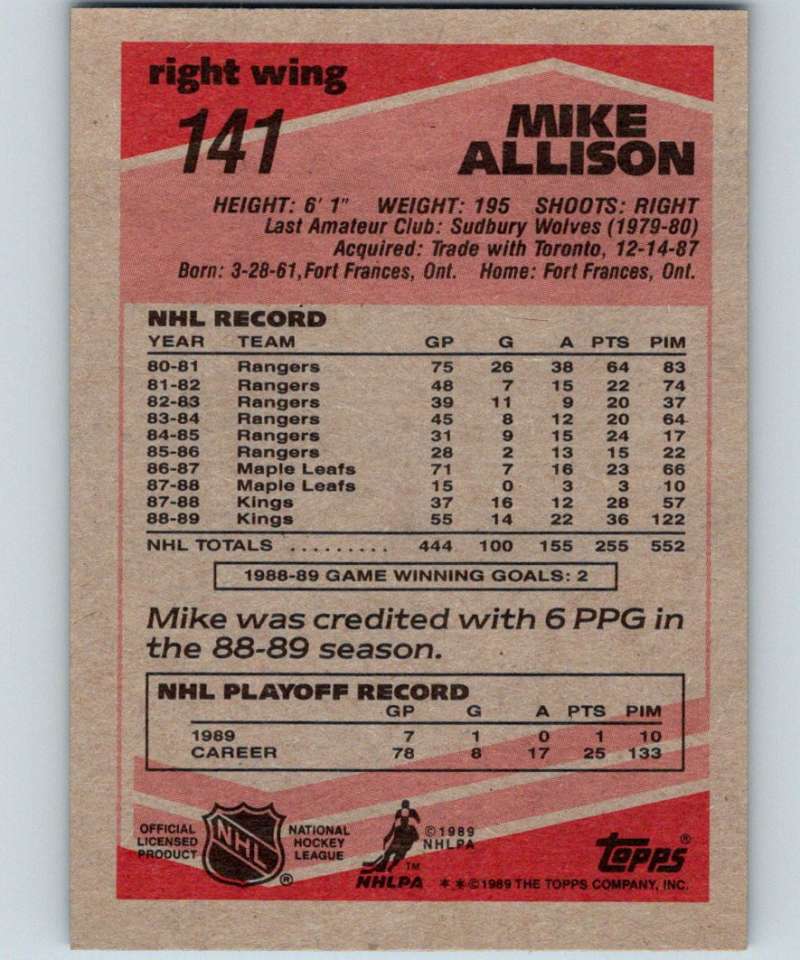 1989-90 Topps #141 Mike Allison Kings NHL Hockey Image 2