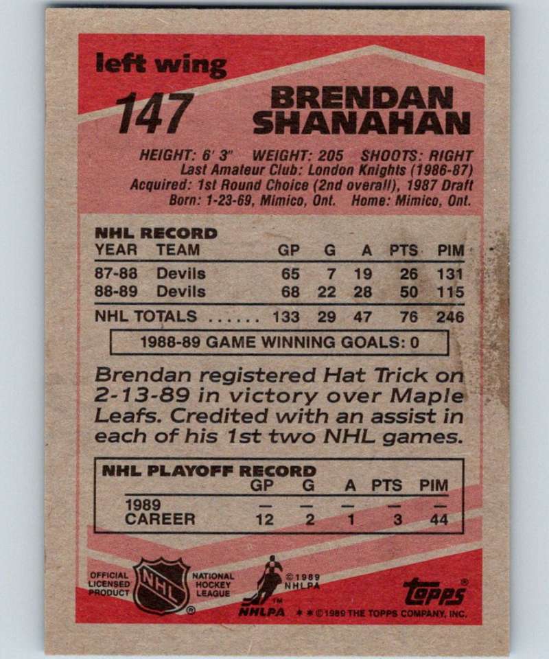 1989-90 Topps #147 Brendan Shanahan NJ Devils NHL Hockey Image 2