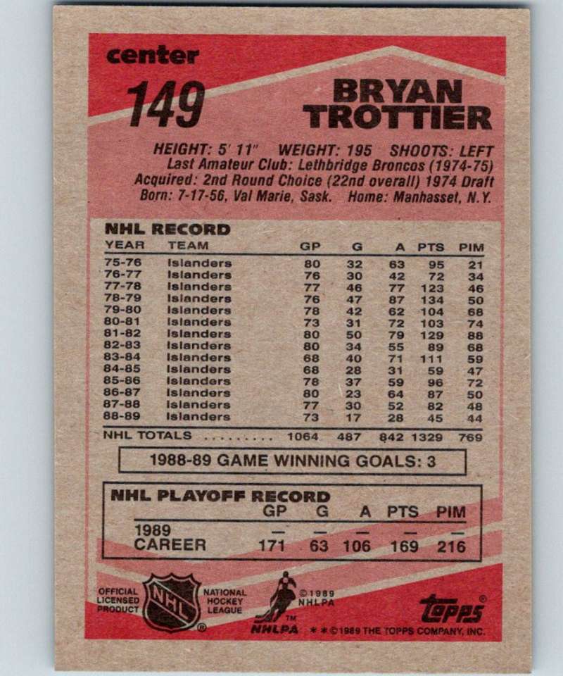 1989-90 Topps #149 Bryan Trottier NY Islanders NHL Hockey Image 2