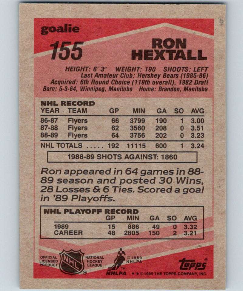 1989-90 Topps #155 Ron Hextall Flyers NHL Hockey