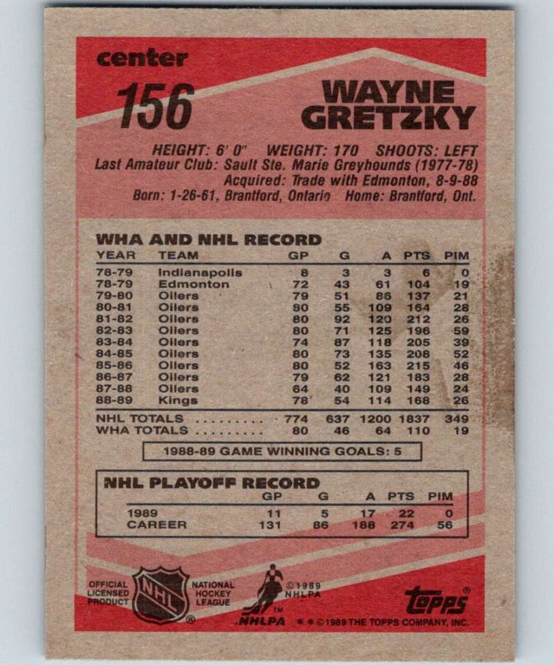 1989-90 Topps #156 Wayne Gretzky Kings NHL Hockey Image 2