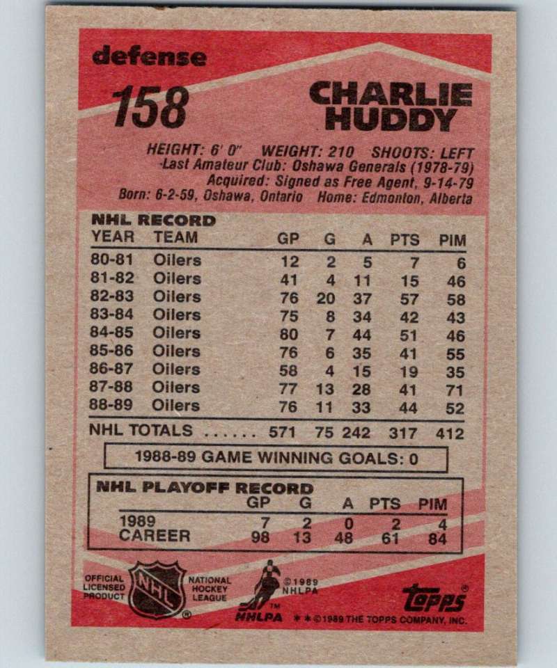 1989-90 Topps #158 Charlie Huddy Oilers NHL Hockey Image 2