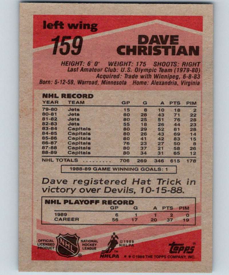 1989-90 Topps #159 Dave Christian Capitals NHL Hockey Image 2