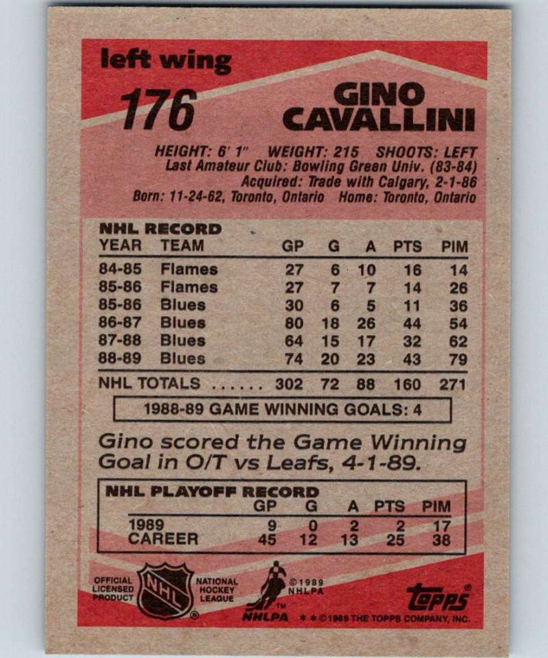 1989-90 Topps #176 Gino Cavallini Blues NHL Hockey Image 2