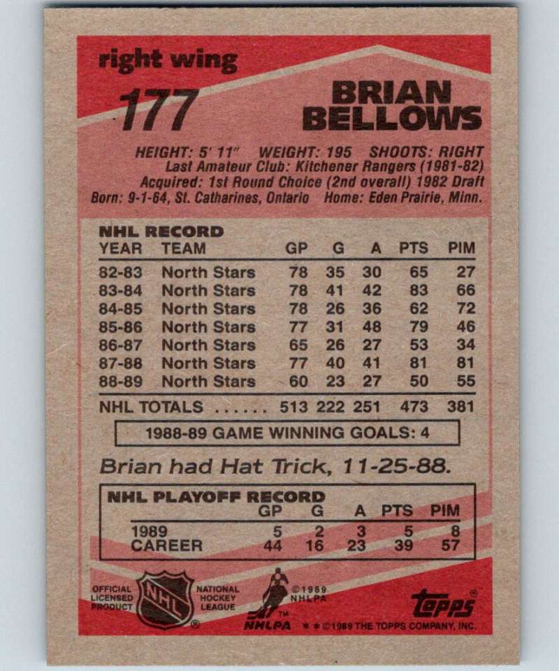 1989-90 Topps #177 Brian Bellows North Stars NHL Hockey Image 2