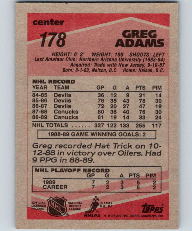 1989-90 Topps #178 Greg Adams Canucks NHL Hockey Image 2