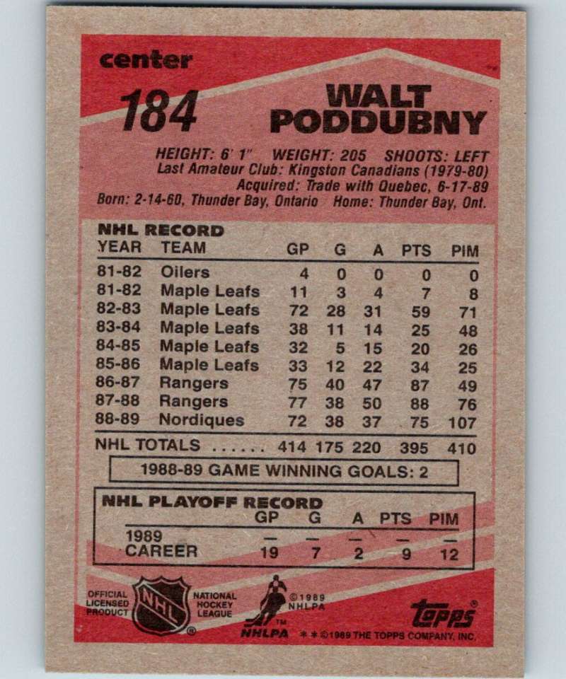 1989-90 Topps #184 Walt Poddubny NJ Devils NHL Hockey Image 2
