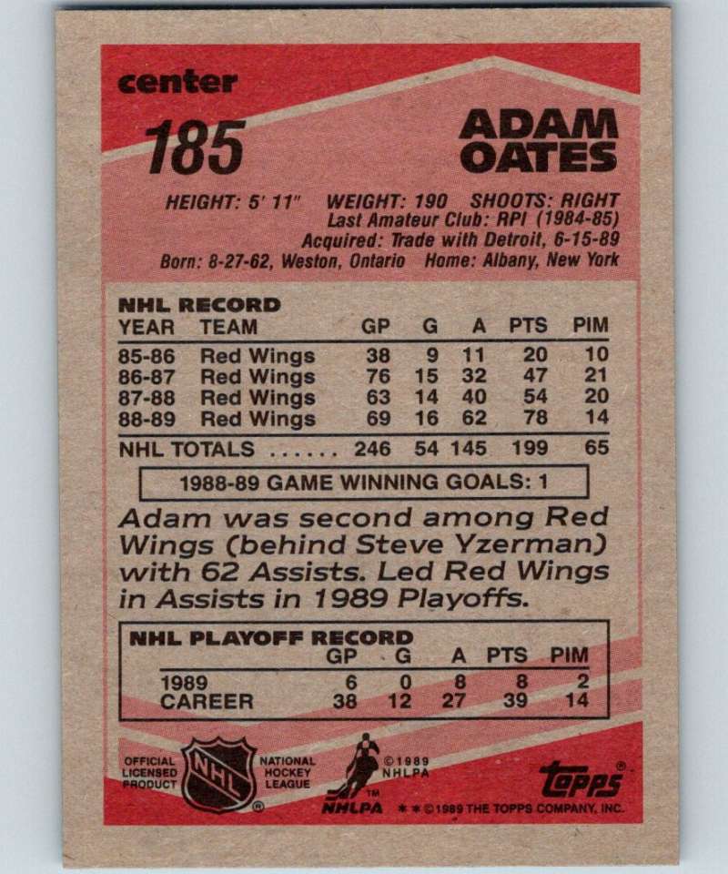 1989-90 Topps #185 Adam Oates Blues NHL Hockey Image 2