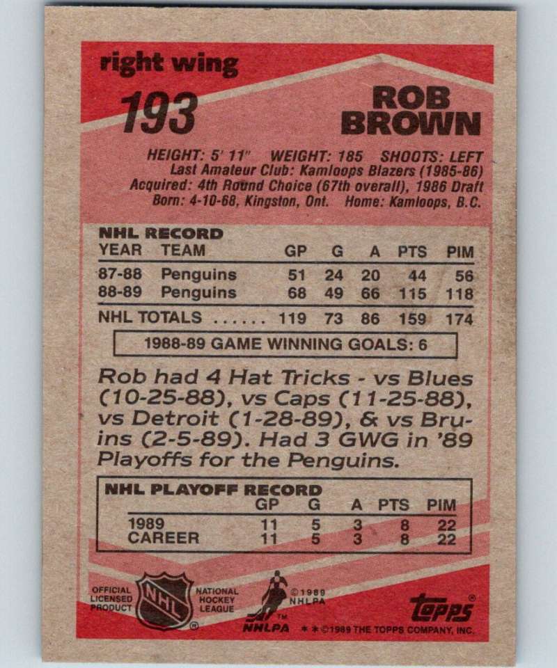 1989-90 Topps #193 Rob Brown Penguins NHL Hockey Image 2