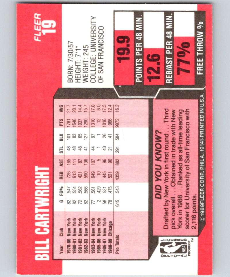 1989-90 Fleer #19 Bill Cartwright Bulls UER NBA Baseketball Image 2
