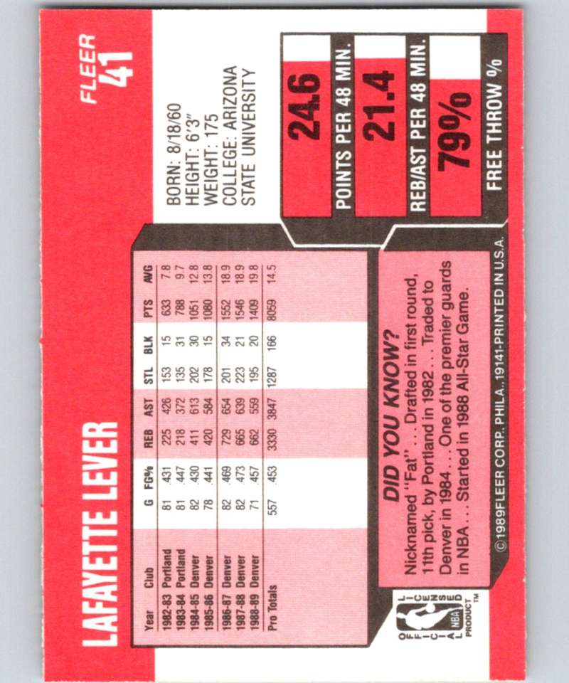 1989-90 Fleer #41 Lafayette Lever Nuggets NBA Baseketball Image 2